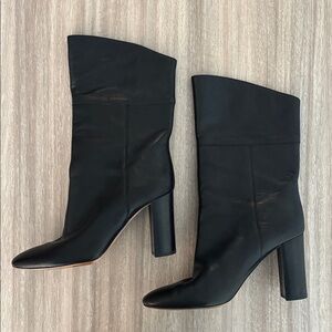 J. Crew Mid Calf Stacked Heel Boots in Black Leather AB109